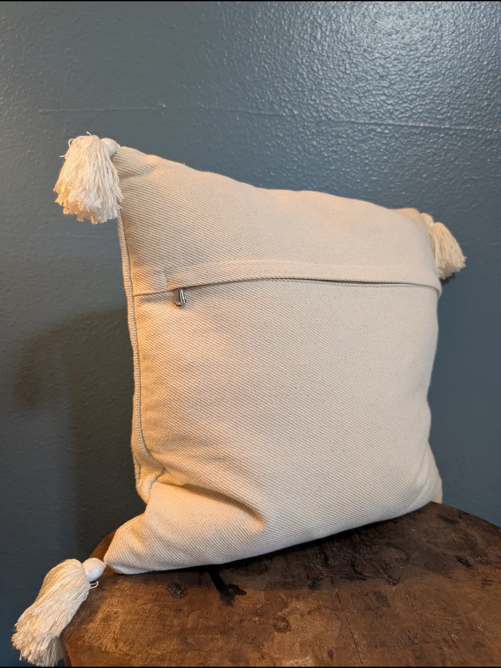 Cream Decorative Tassel Throw Pillow with Light Blue Embroidery